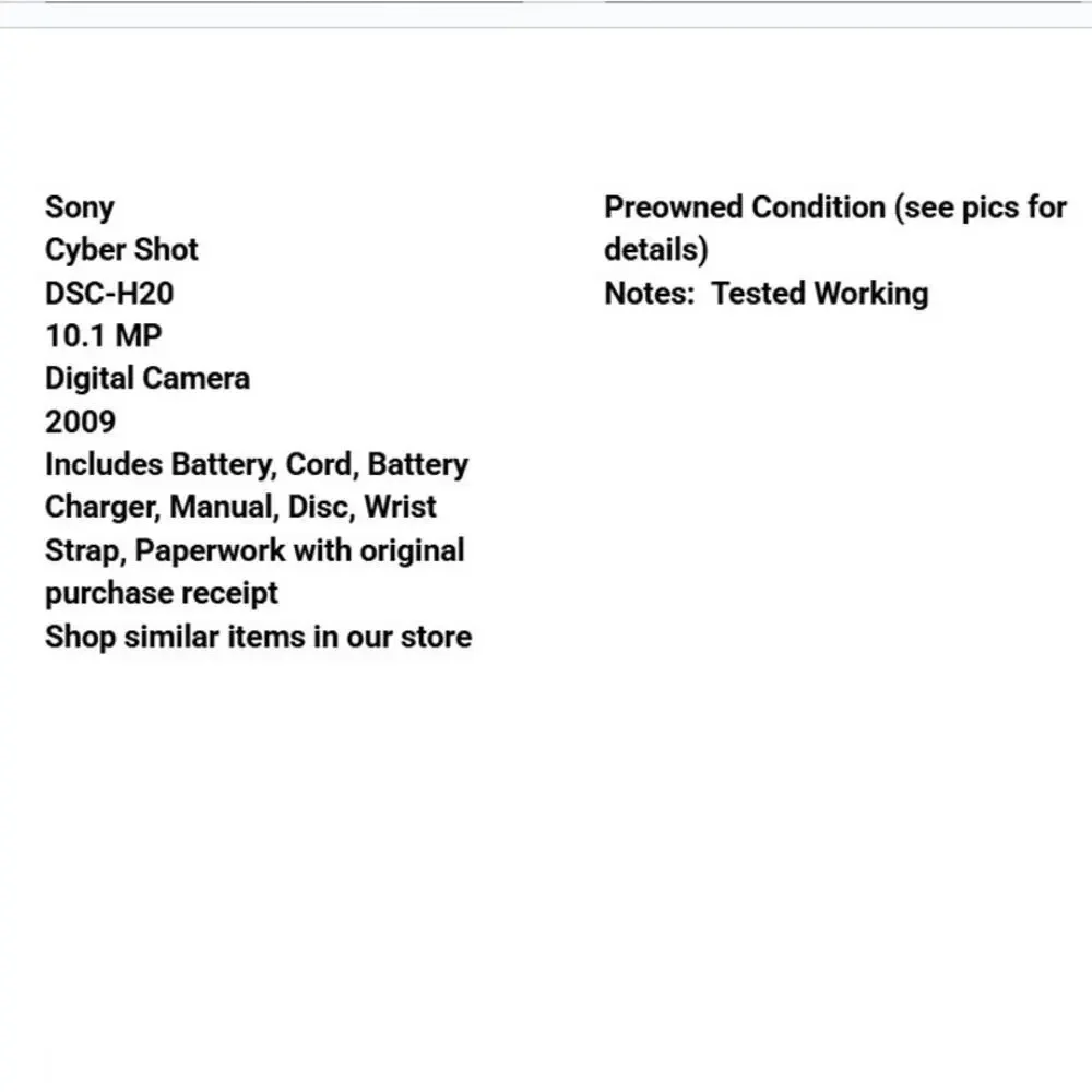 Sony Cyber Shot DSC H20 10.1 MP Digital Camera Battery Cord Manual Disc Ppwk